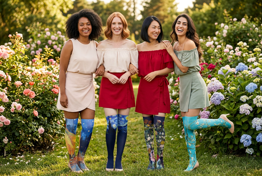 Quatre mannequins aux visages différenciés portant les bas artistiques dans un jardin