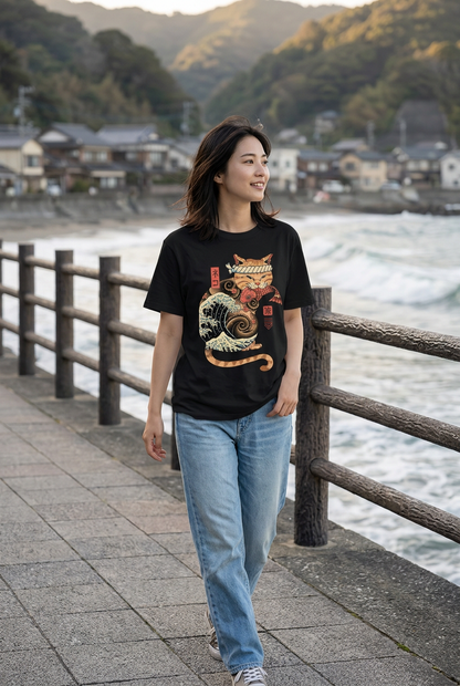 T-shirt chat et vague porté au bord de la mer dans une ambiance japonaise