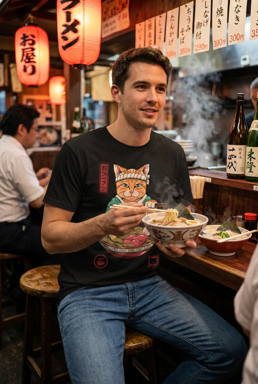 T-shirt chat ramen porté dans un izakaya, avec le bol de ramen tenu en main