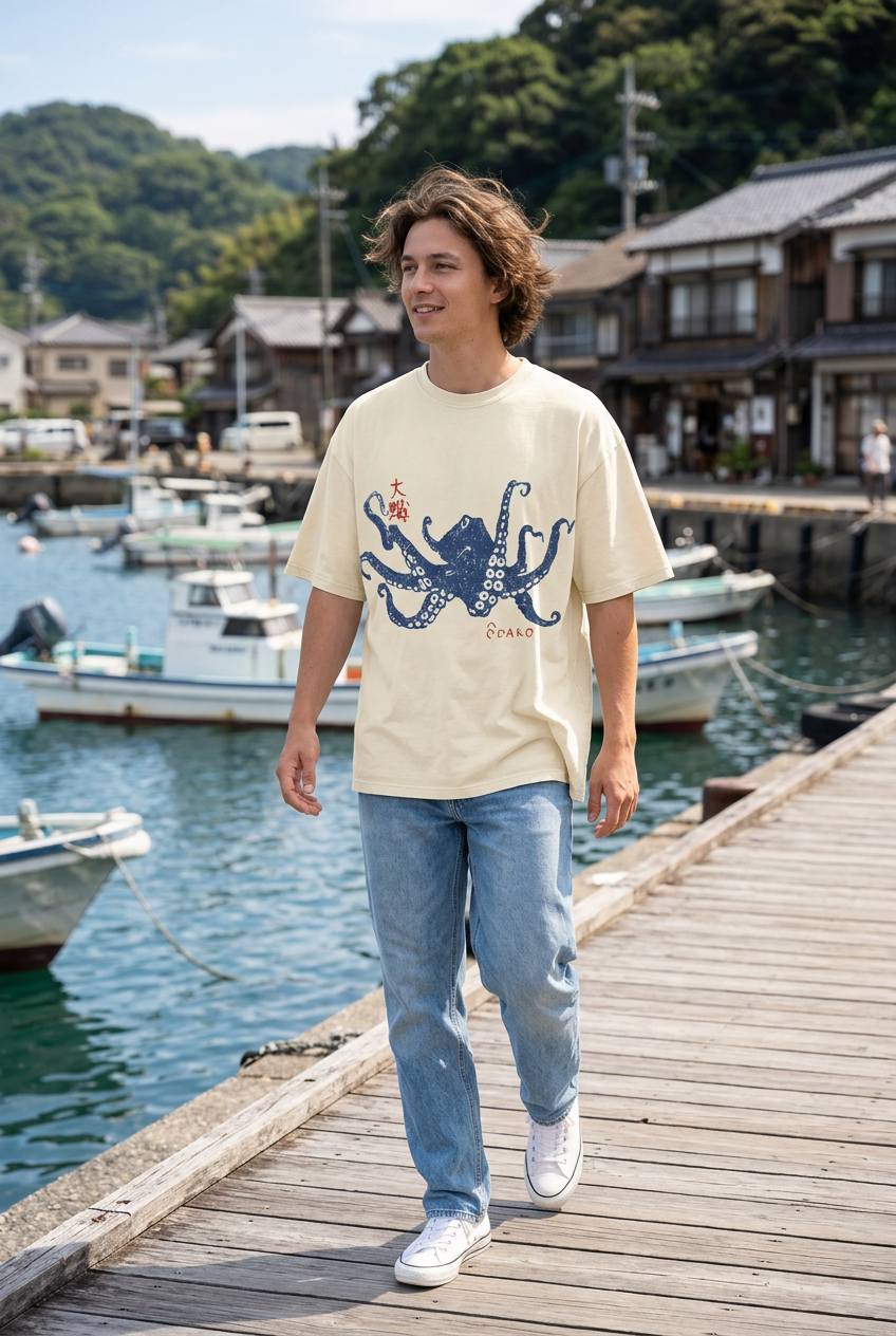 T-shirt crème à motif octopus bleu porté dans une ambiance de port japonais