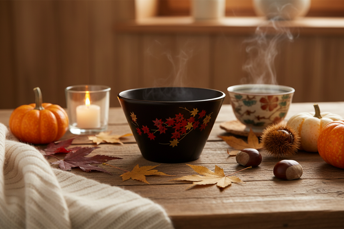 Tasse basse en bois motifs automne - ambiance chaleureuse