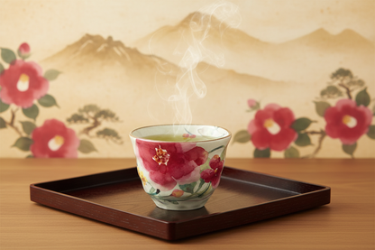 Tasse à Thé Camélia Rouge — plateau, fumée, décor camélia et montagne japonaise