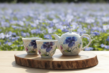 Tasse à Thé Clématite — service sur tronc de bois, champ de clématites