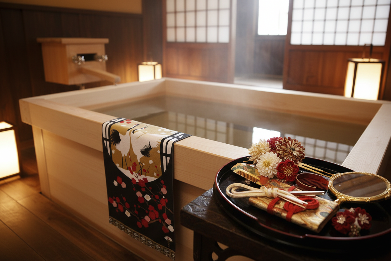 Tenugui dans machiya okiya avec accessoires kimono