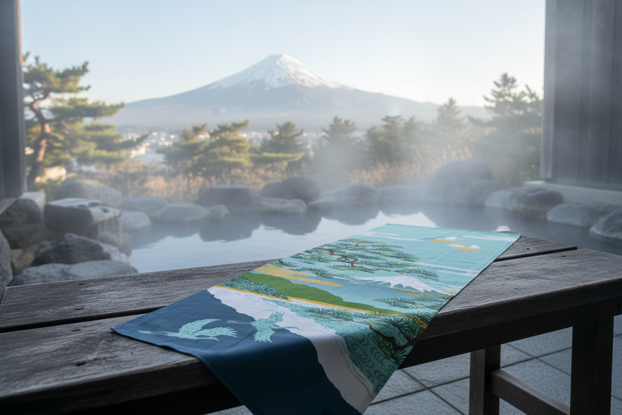 Tenugui mis en valeur près d'onsen avec vue Mont Fuji