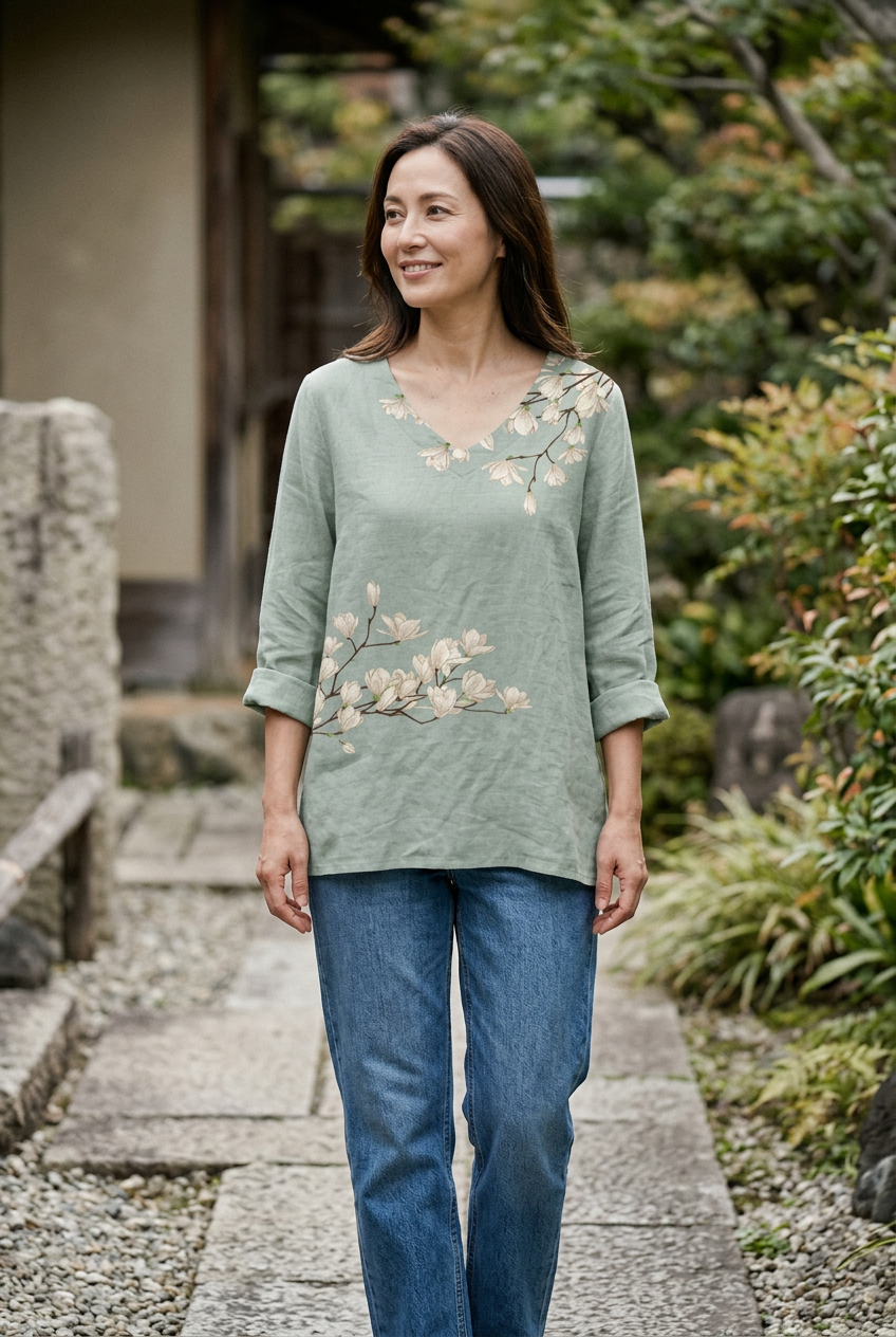 Top à motifs magnolia porté avec un jean dans un cadre japonais naturel