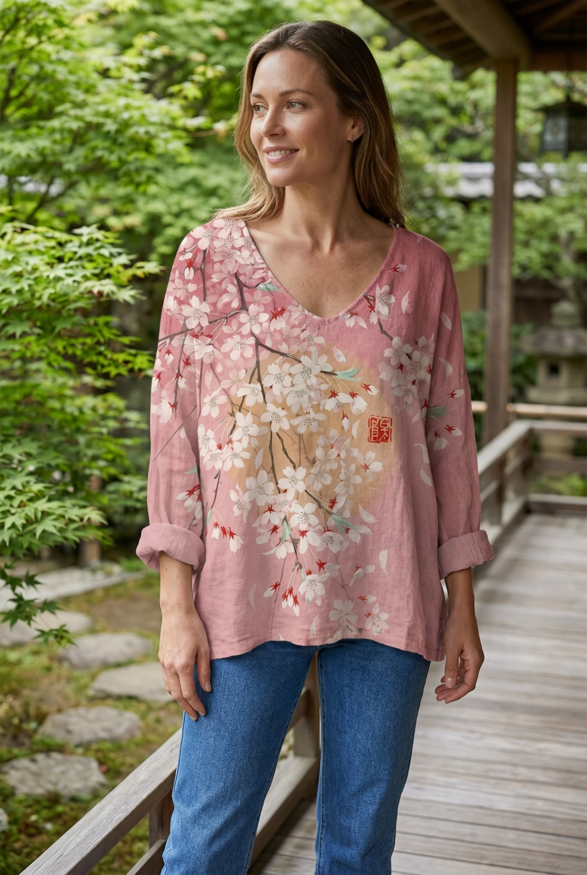 Top rose à motifs sakura porté sur un jean bleu