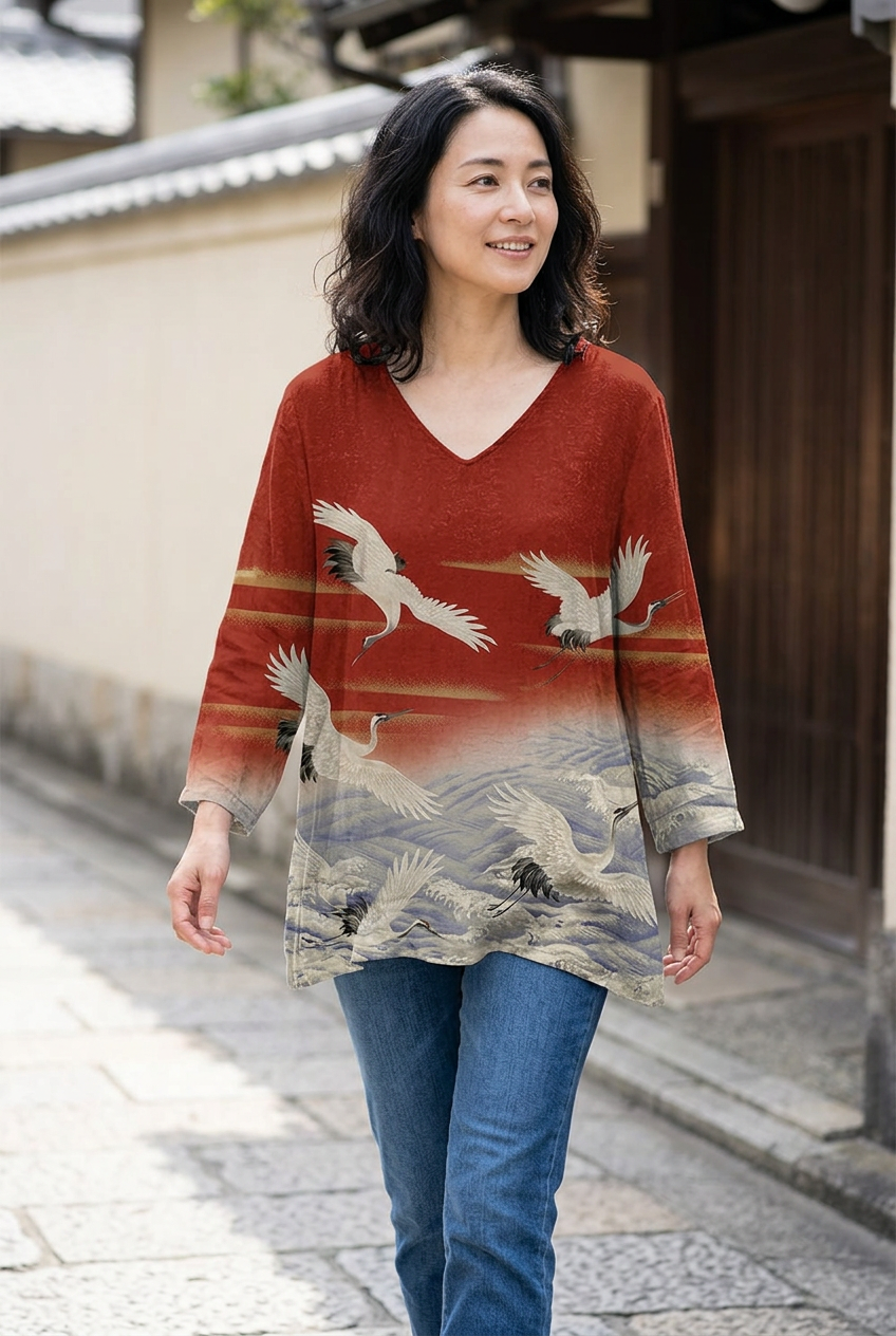 Top rouge à motifs de grues porté sur un jean dans une ruelle japonaise épurée