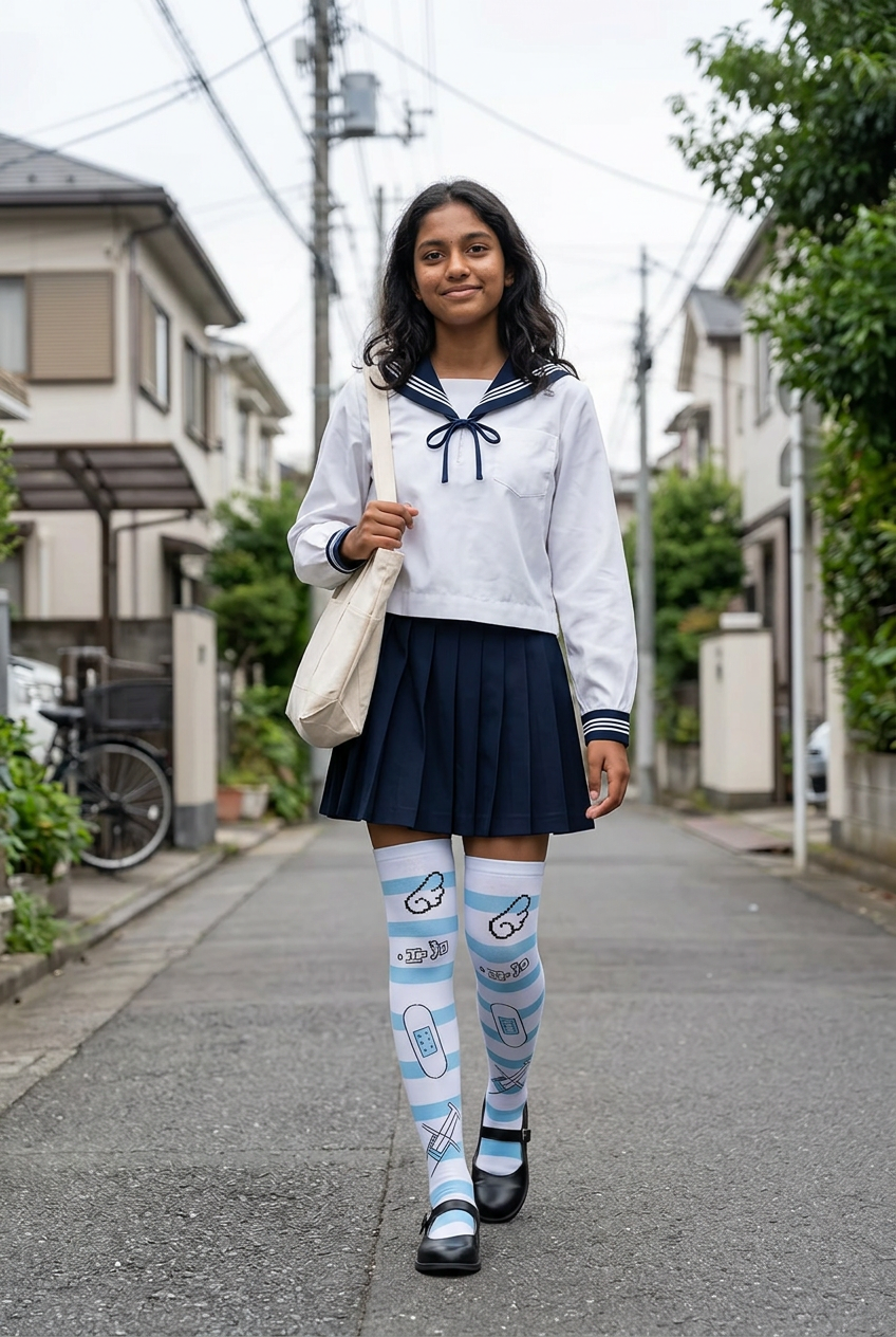Version naturelle du look marin avec les bas rayés bleu et blanc