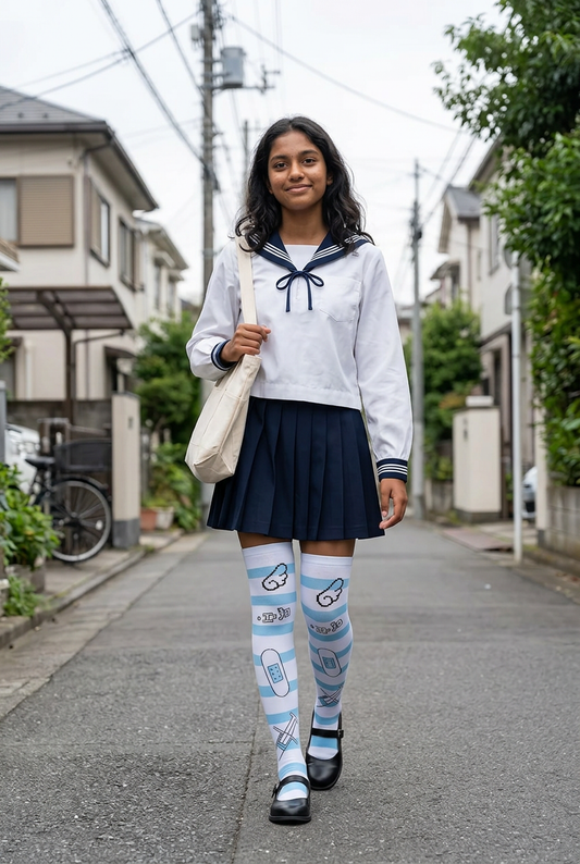 Version naturelle du look marin avec les bas rayés bleu et blanc